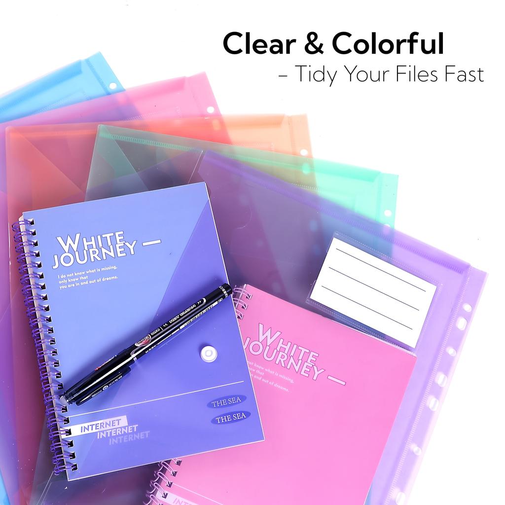 6/12pcs 11-Hole A4 Binder Pockets | Transparent Colorful PP File Bags & Label Pocket - Document Organizer for School Office Home