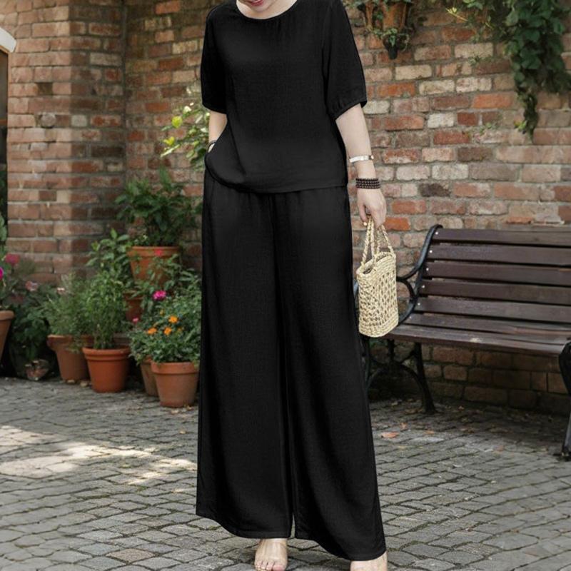 ZANZEA Kadın Kısa Kollu Bluz ve Pantolon Günlük İki Parça Takım Setleri