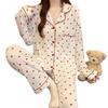 Women's Crinkled Fabric Long-Sleeve Pajama Set – Soft, Fluffy, Heart Design, Wearable Outside.
