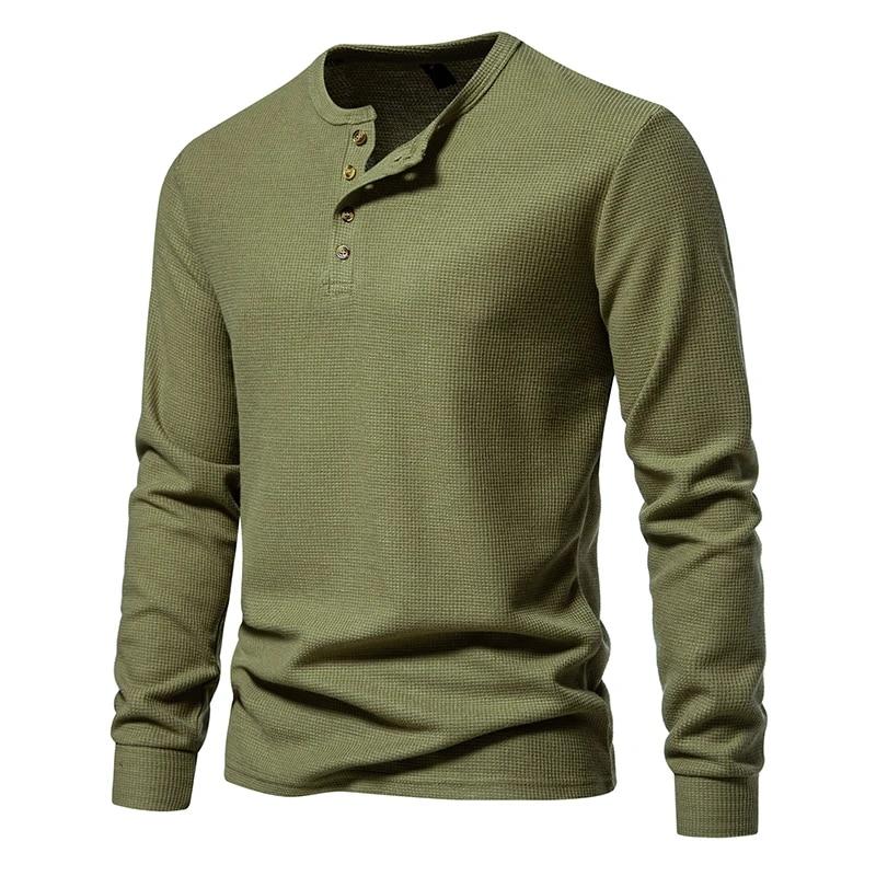 Waffle Henley T-Shirt Men Long Sleeve Basic Breathable Men's Tops Tee Shirts New Autumn Casual Solid Color Button T Shirts