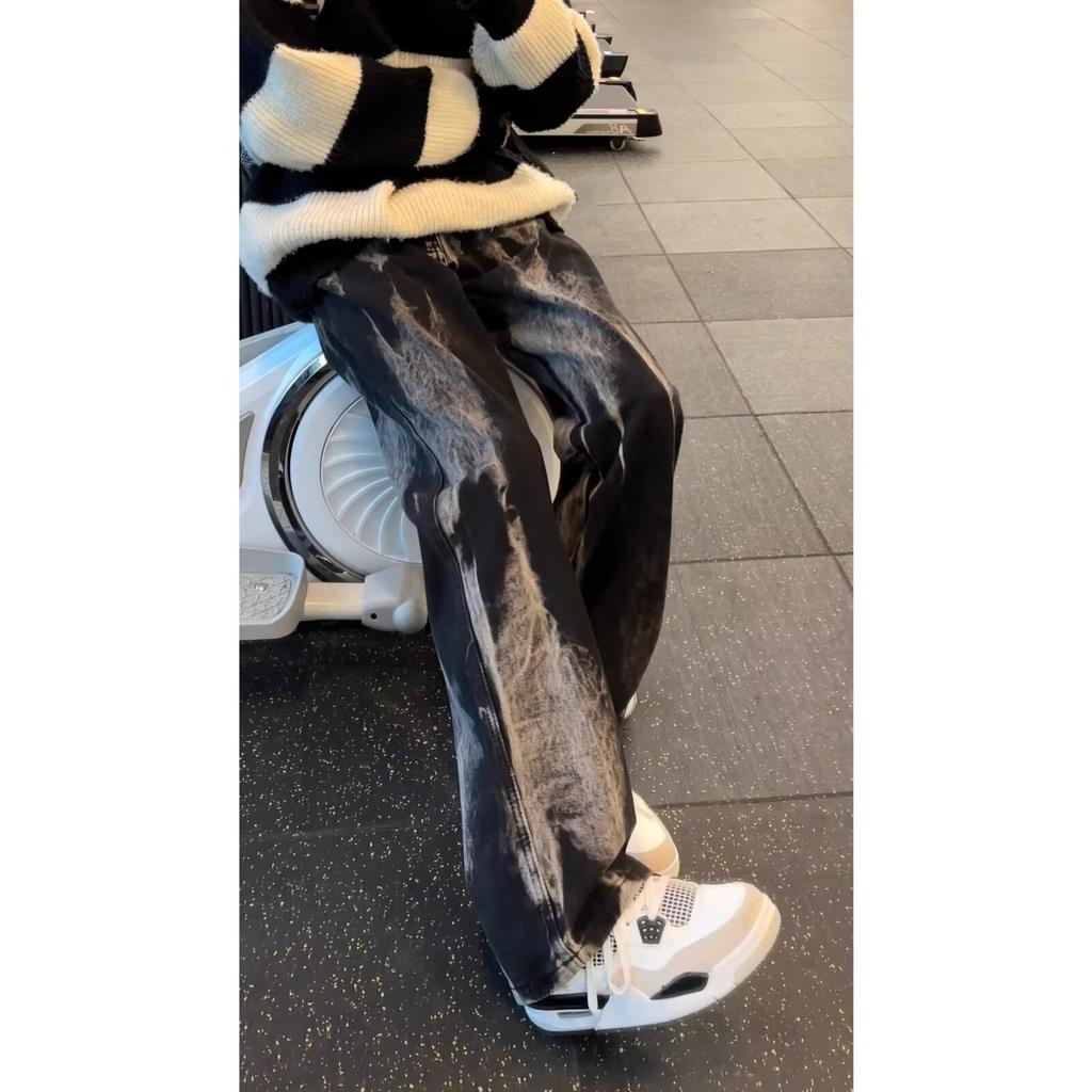 American retro black tie-dye jeans men's spring and autumn high-end cleanfit pants loose straight trousers