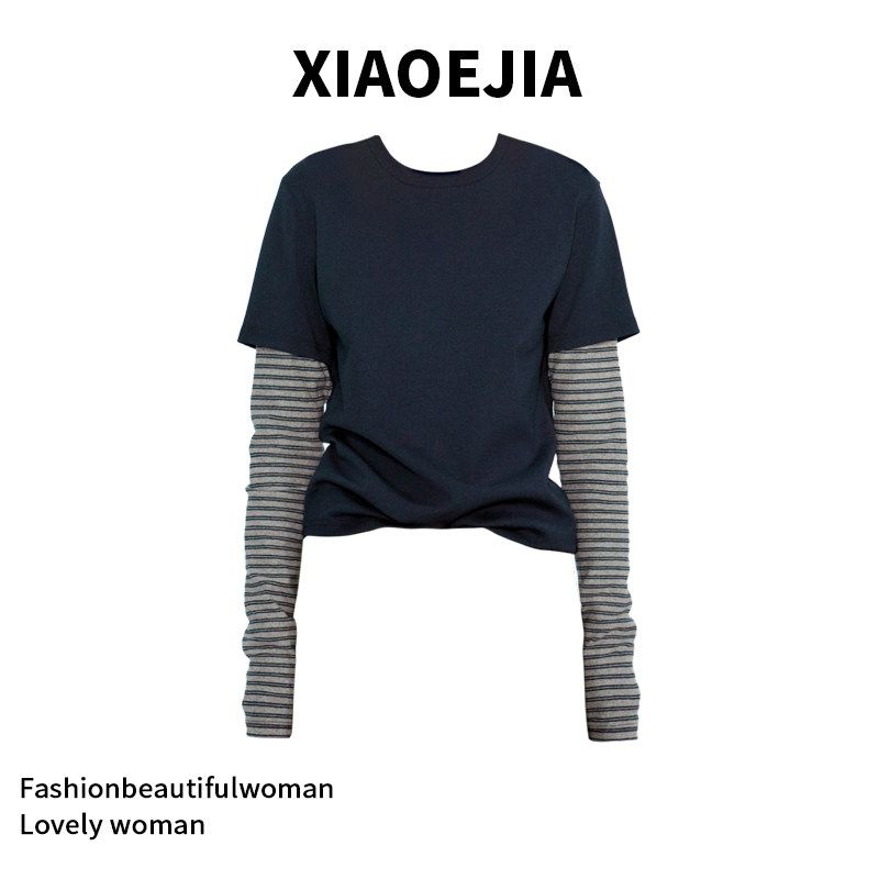 

Xiaoejia Early Spring Stylish Fake Two-Piece Bottoming Shirts Contrast Color Stripes round Neck Slim Fit Pullover Long-Sleeve T-shirt Navy Blue S