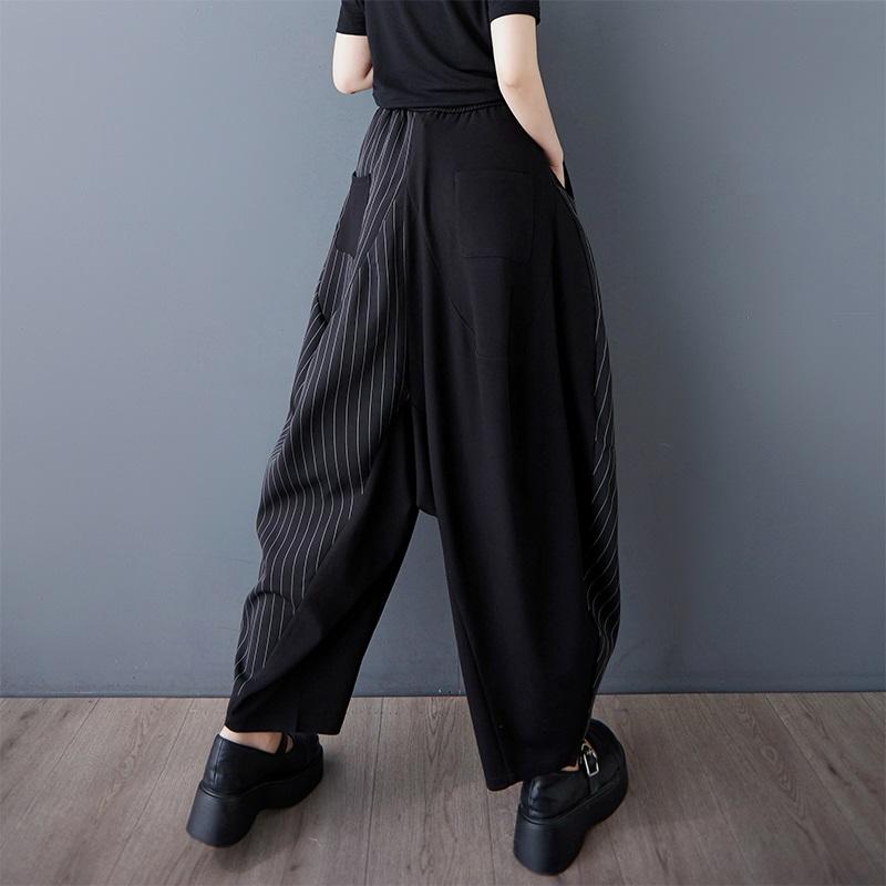 Plus Size Schwarze Vintage-Streifen-Patchwork-Hosen mit hoher Taille, lässig, locker, Frühling, Sommer, Haremshose, Damenhose