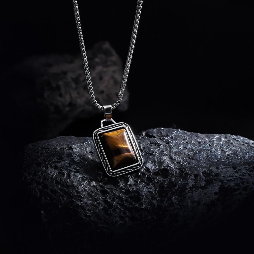 Hip Hop Men Square Brown Gem Pendant Necklace Vintage Stainless Steel Jewelry Fashion Women Necklace Accessories