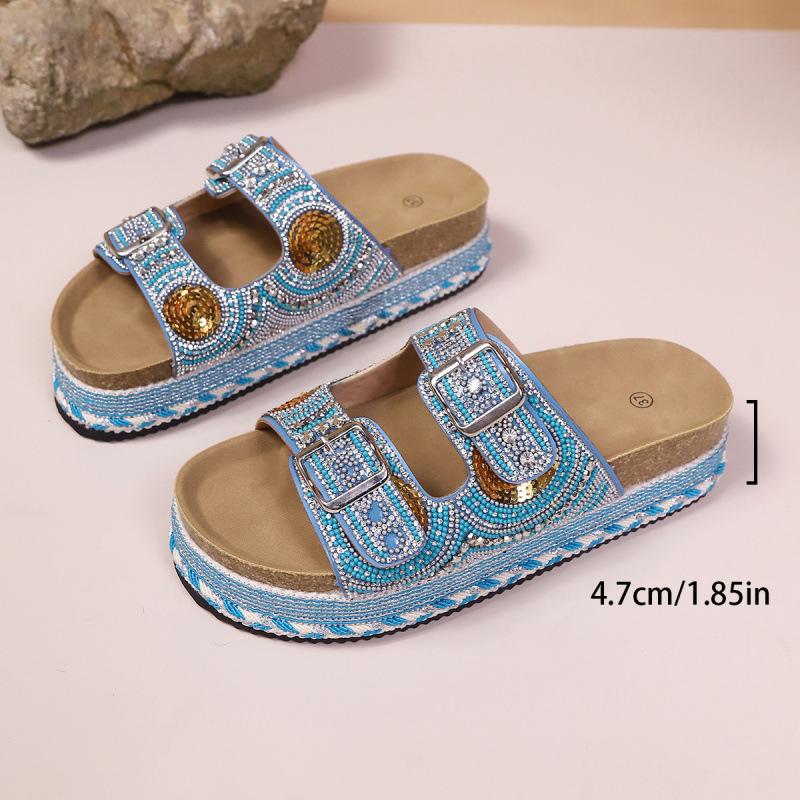Ins New Thick-soled Hemp Rope Metal Buckle Rhinestone Cork Beach Slippers Large Size Shoes