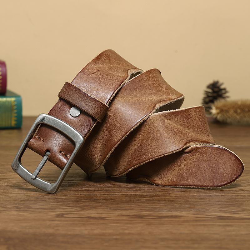 Korean Version Retro Old Pleated Belt Men'S Genuine Leather Pin Buckle First Layer Cowhide Trend Personalized Youth Jeans Belt