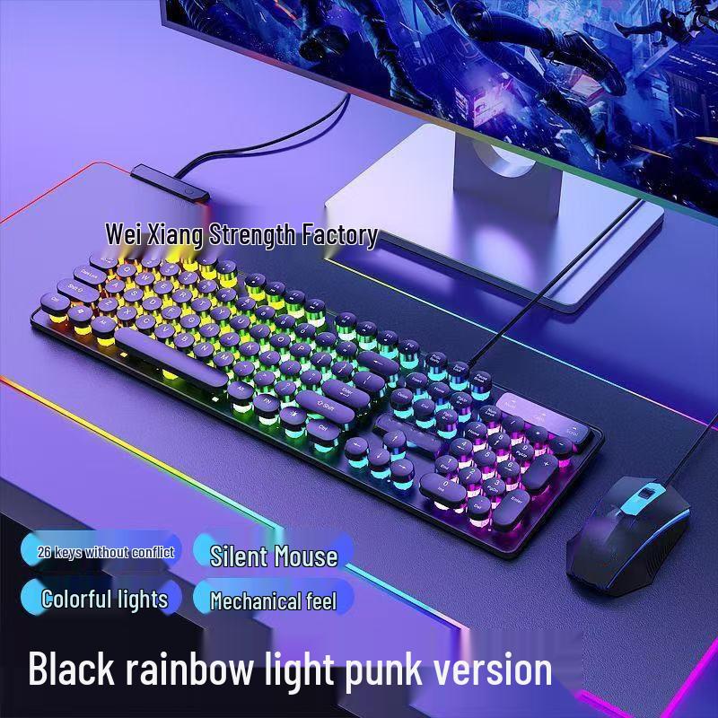2026 Retro Punk Mechanical Feel Gaming Keyboard & Wired Headset for Desktop/Laptop