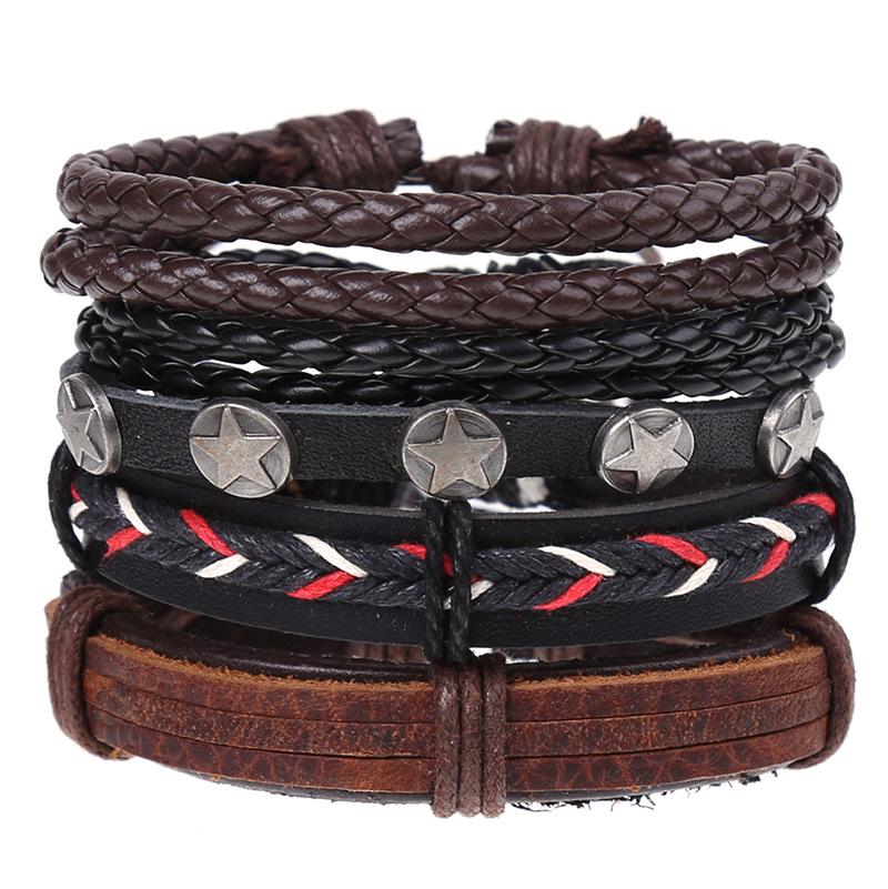 Retro Woven Cowhide Leather Men's Bracelet Set - European & American Handmade DIY Knot