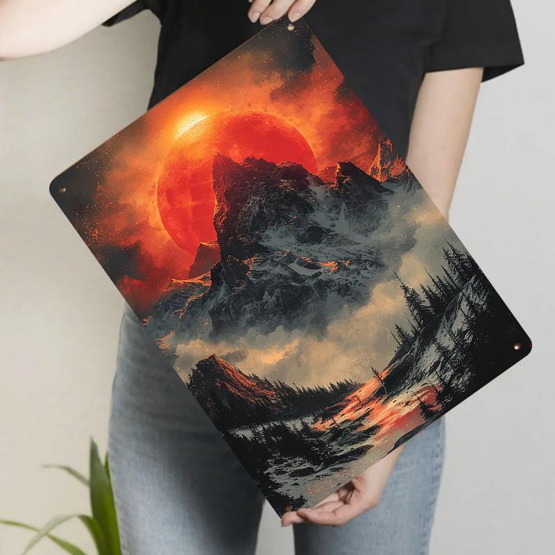 

Custom Metal Iron Painting Mountain Red Sun Landscape Home Decor Wall Art Living Room Bedroom Study Wall Hanging 20x30cm（7.8x11.8inch）