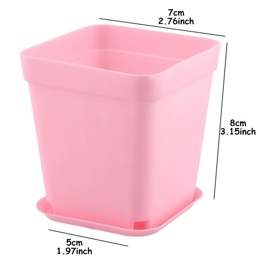 6/12pcs 7cm Pink Plastic Square Flower Plant Pots with Tray Nursery Pot for Succulent Office Desktop Gardening Balcony Decor
