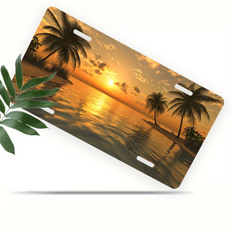 Pc D Flat Poster Beach Sunset License Plate Tropical Palm Tree and Ocea Suitable for Cars Trucks SUVs Coastal Decor Gift