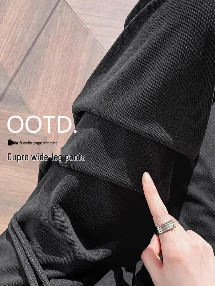 Damen Graue Hochtaillierte Cupro Sommerhose mit Weitem Bein - Petite, Leicht, Gerades Bein (145-150cm)