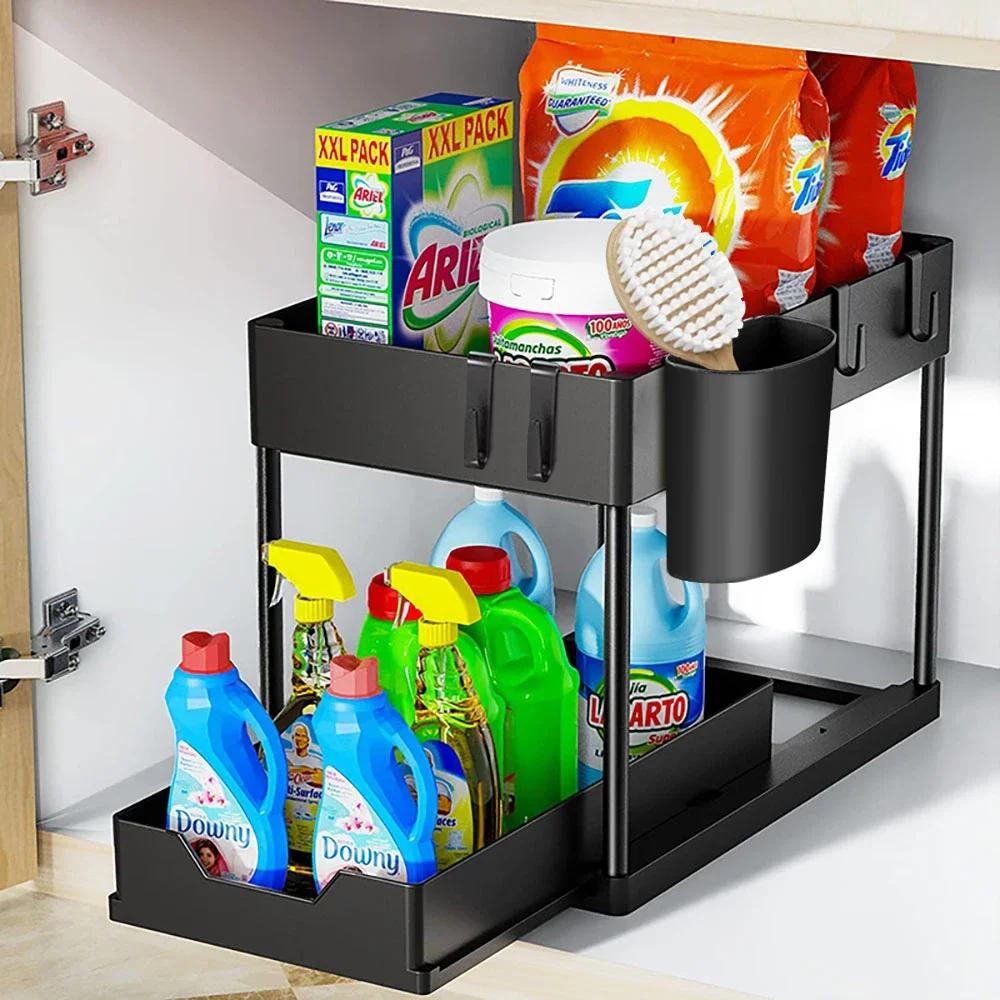 Under Sink Organizer Sliding Cabinet Basket Organizer Storage Rack with Hooks Hanging Cup Bathroom Kitchen Organizer