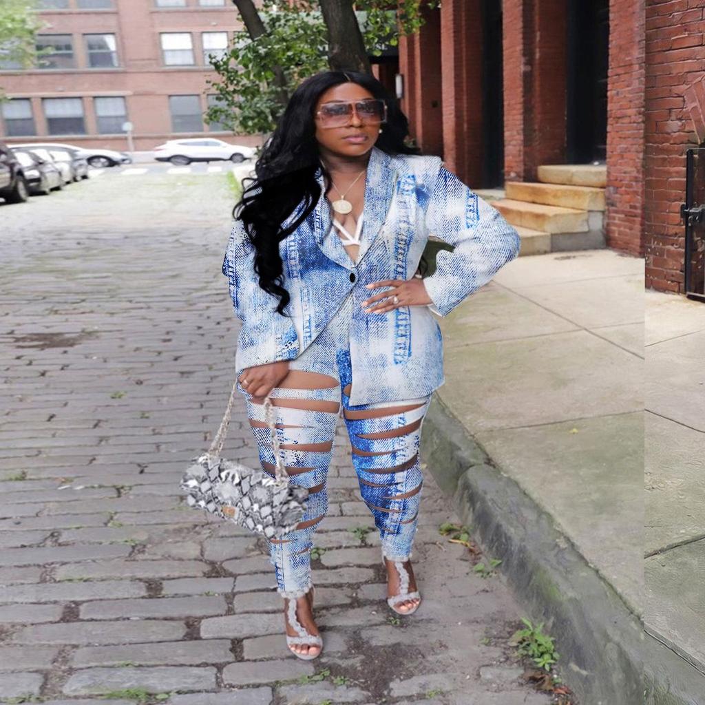 European & American Slim Fit Sexy Print Cardigan Two-Piece Nightclub Set