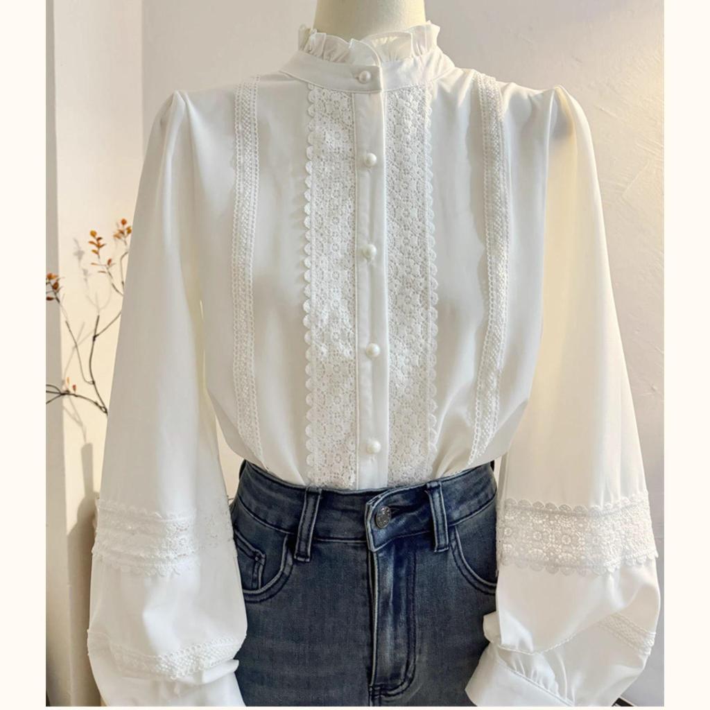 Women's White Lace Patchwork Stand-Up Collar Lantern Sleeve Blouse - Stylish Autumn 2025 Inner Wear