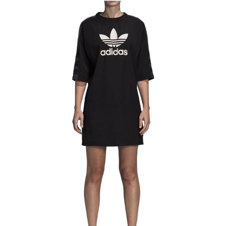 Adidas Originální šaty s logem Trefoil, kulatým výstřihem, slim fit, ležérní sportovní, s dlouhým rukávem, dámské šaty, černé DP8593