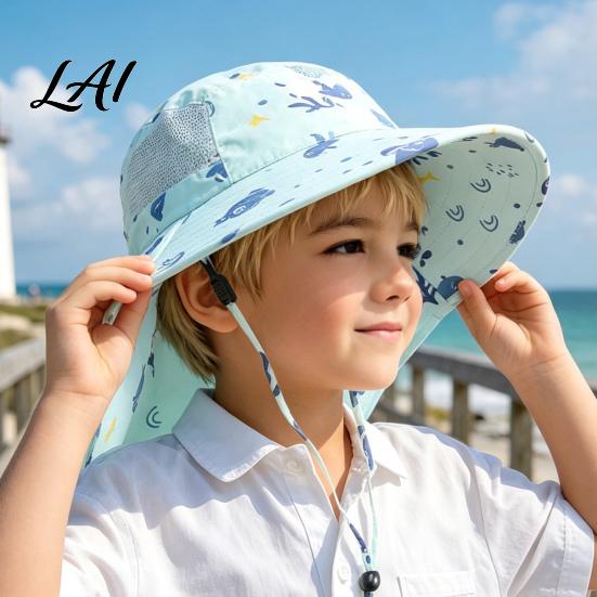 Portable Foldable Beach Hat for Babies Cartoon Kids Sun with Neck Flap Print Breathable Wide Brim Cap Running Boys Girls UV Protection Outdoor