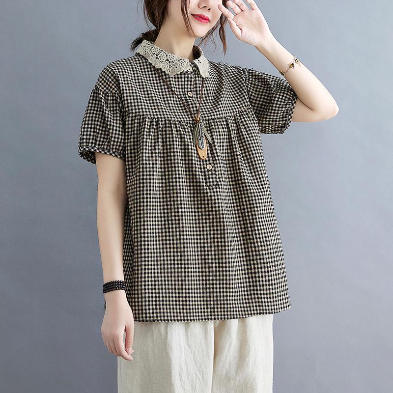 

2021 Лето Большой размер Пэчворк Женская Хлопково-льняная Клетчатая Блузка с воротником Питер Пэн Приталенная С коротким рукавом XXXL