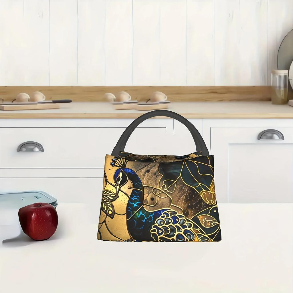Insulated Lunch Bag - Elegant Golden & Blue Stained Glass Pattern, Reusable & Portable for Home, Office