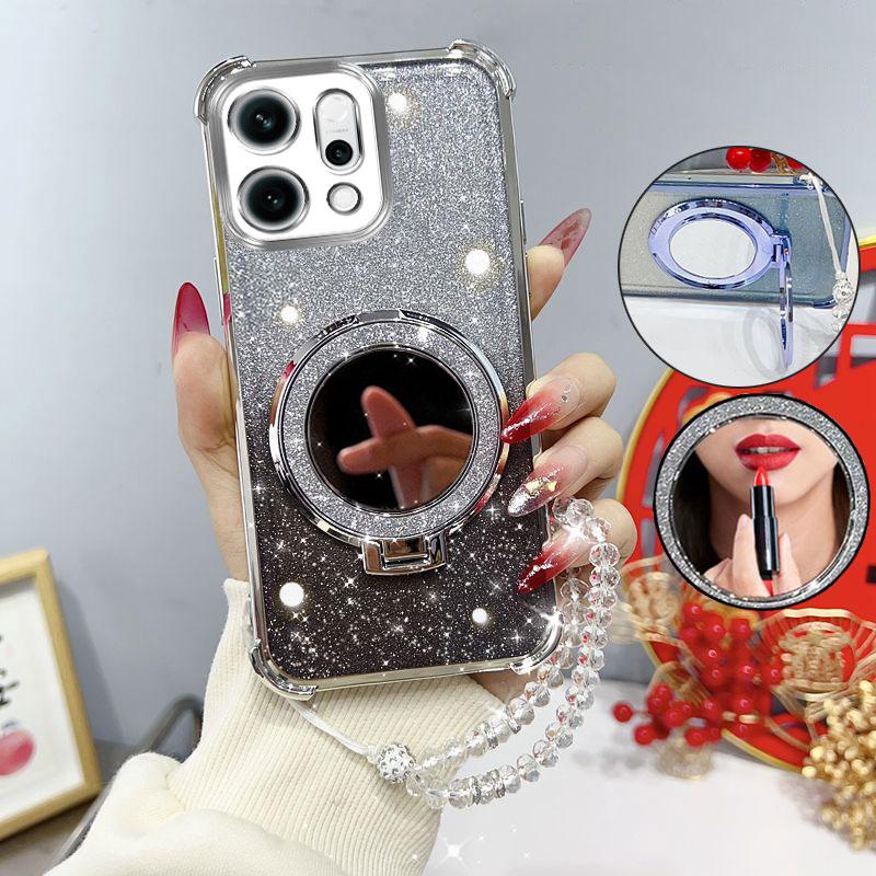 Glitter Four-Corner Shockproof Phone Case with Mirror Stand Beaded Strap For Oppo Reno14 F Pro Reno 14Pro 14F 5G Back Cover Case