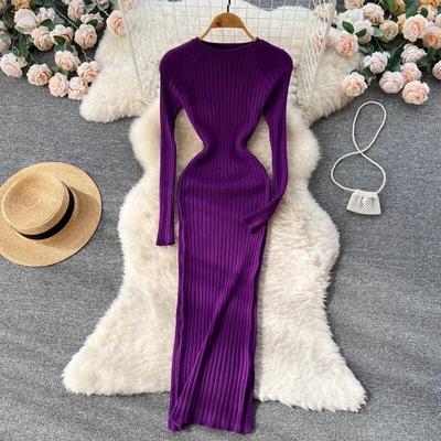 Robe tricotée à manches longues pour femme, Sexy, moulante, longue, pull, col rond, taille serrée, robes décontractées, automne hiver, 29656