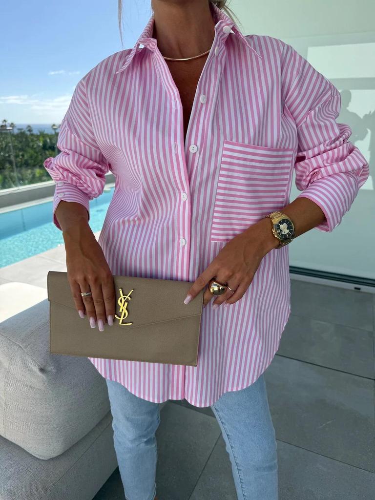 Chemise Décontractée à Manches Longues et Poches Rayées pour Femmes Printemps 2025