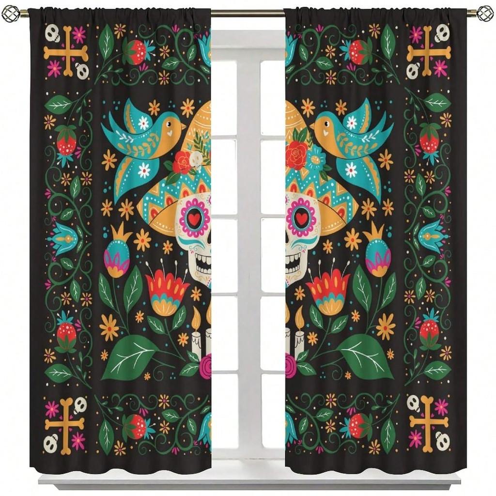 Mexikanische Totenkopf-Vorhänge Mexiko Halloween Süßigkeiten Feiertags-Grußkarte Geschenk Cartoon Kinder Vintage Stangentasche Verdunkelung Fensterbehandl