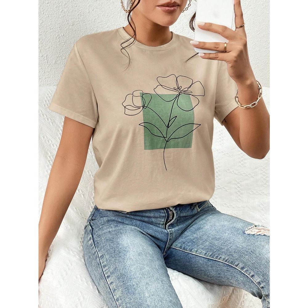Dámské tričko Essnce Casual Fit Květinový potisk s kulatým výstřihem Krátký rukáv, Vhodné na léto