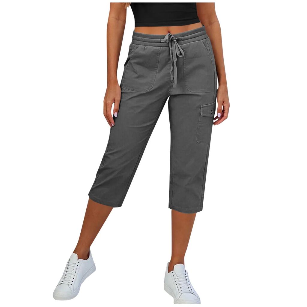 Women Elastic High Waist 3/4 Pant Casual Fit Wide Capris Leg Pants Trousers With Pockets