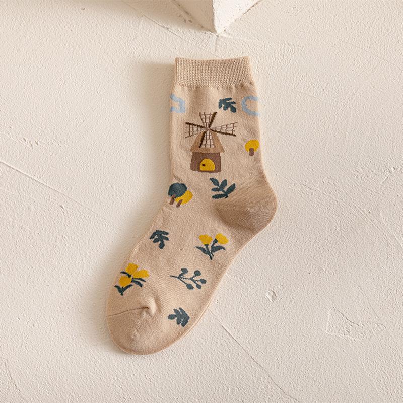 Vintage Floral Print Middle Tube Socks For Women Soft Cotton Autumn Spring Harajuku Japanese Socks Female Girl Casual Long Sock
