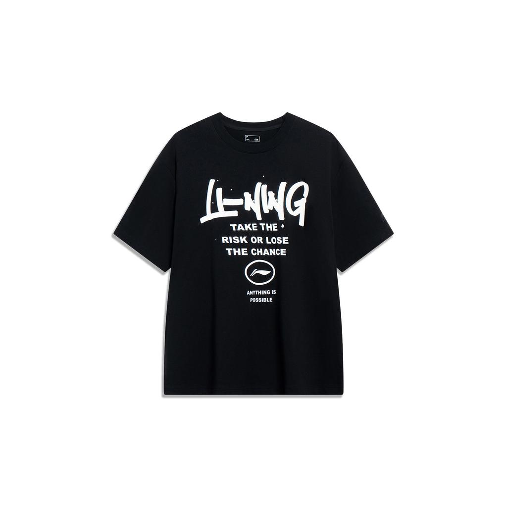 Li-Ning Letter Logo Print Crew Neck Pullover T-Shirt Unisex Tops Black AHST553-1