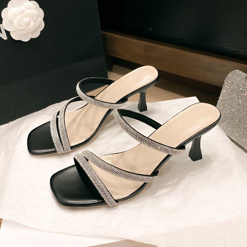 Internet celebrity with skirt versatile high heels 2025 new popular outer wear niche design light mouth stiletto one-word slippers