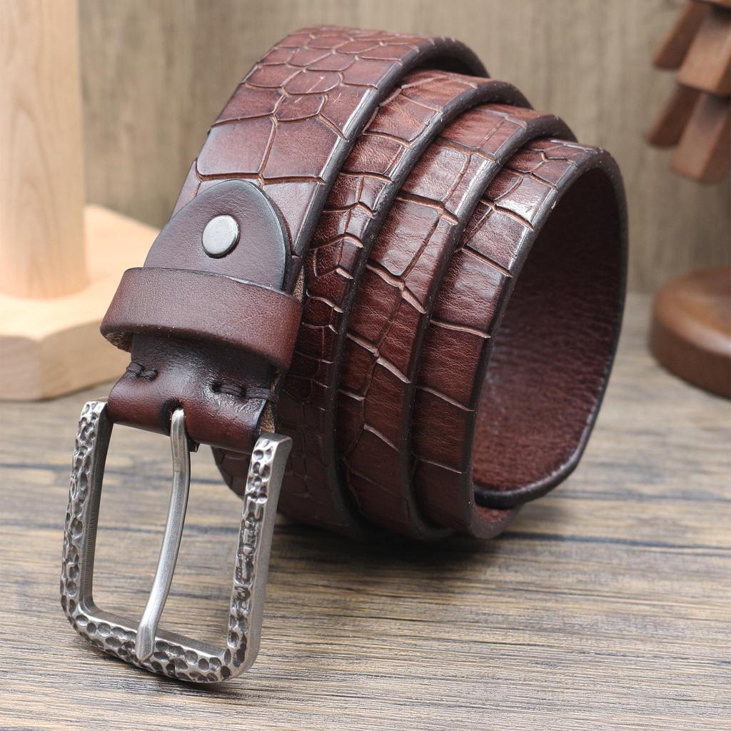 Retro Crocodile Grain Leather Belt for Men – Versatile Genuine Cowhide with Pin Buckle, Stylish for Mid-Aged and Youth Trousers.