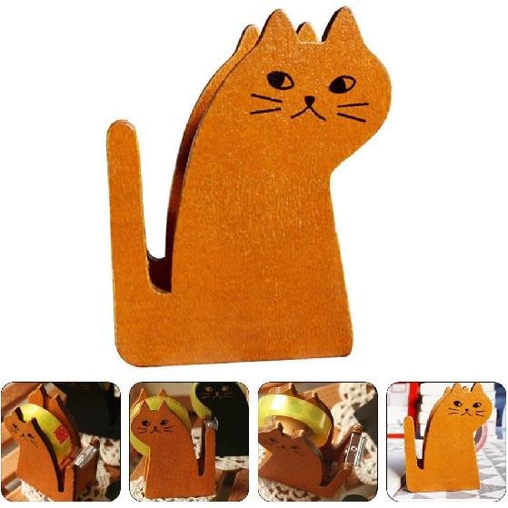 Adorable Cat Shaped Tape Dispenser, Retro Wooden Tape Cutter, Brown, 3.42x2.36x1.18 Inch, Perfect for Desk, Office, Home, Gift Wrapping, Kids, and