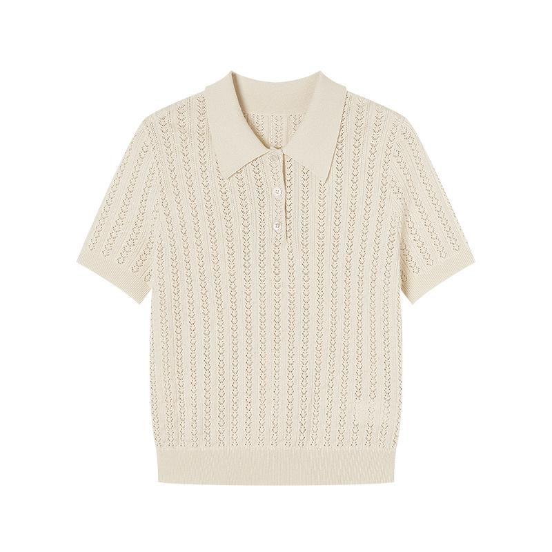 Women s Polo Collar Hollow Knit Short Sleeve Top S