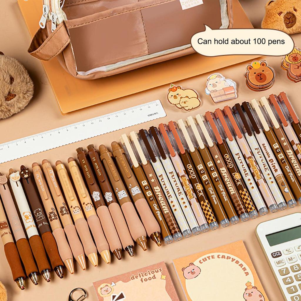 hot Cute Capybara Canvas Pencil Case Set With Doll Stickers Spacious Layered Compartment Zipper Closure Back To School Supplies