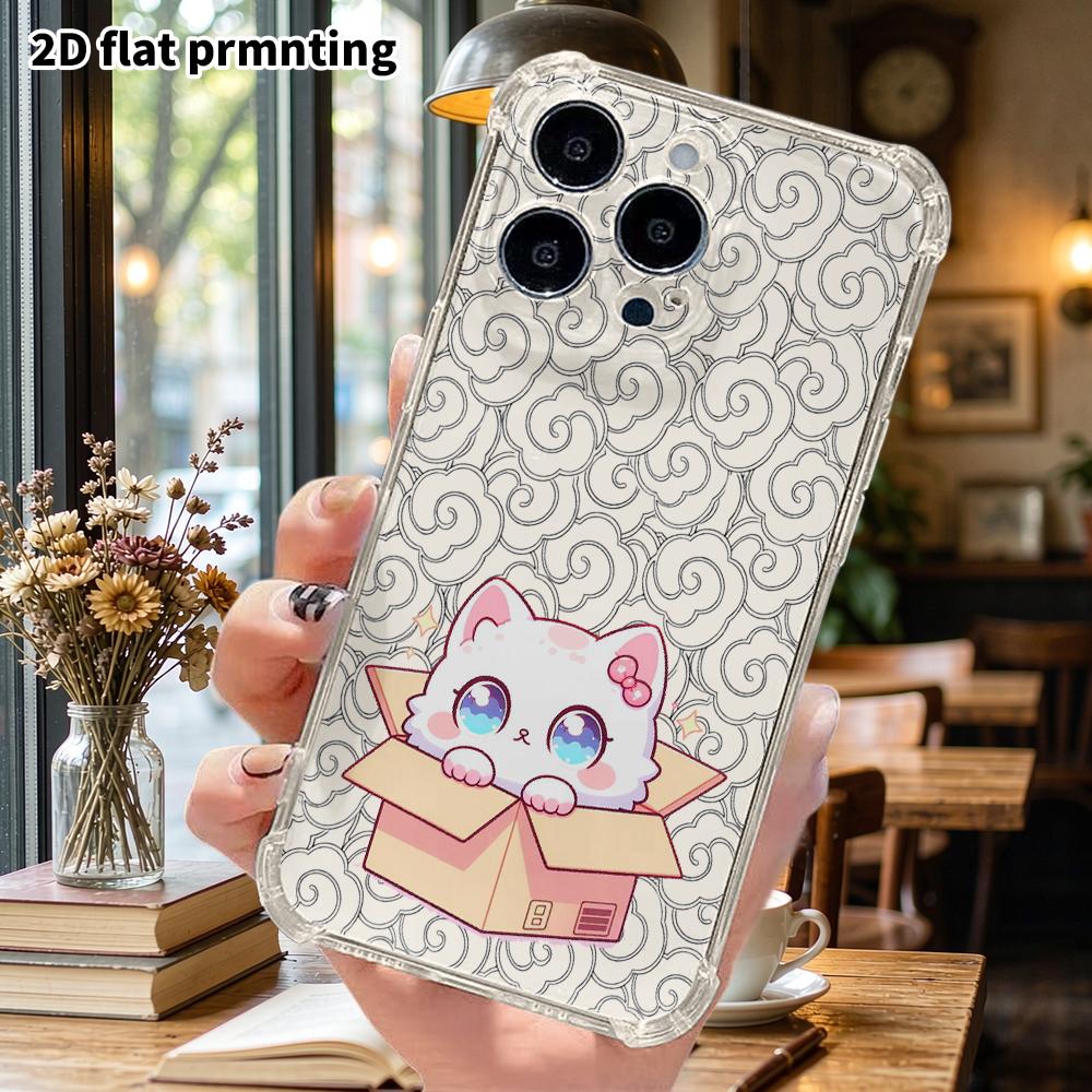 Phone Case: 2D Flat Suitable for iPhone 18 17 16 15 14 13 Pro, Transparent Four Corner Protective Case, Little White Cat On a Cardboard Box, Christmas