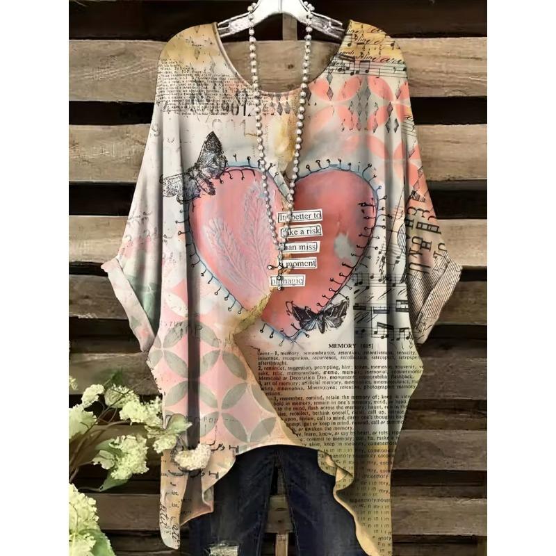 Elegantes Bohemian Chic Übergroßes Einfaches Retro Liebesdruck Druck Damen T-Shirt Asymmetrischer Saum Rundhalsausschnitt Vielseitige Damenbekleidung