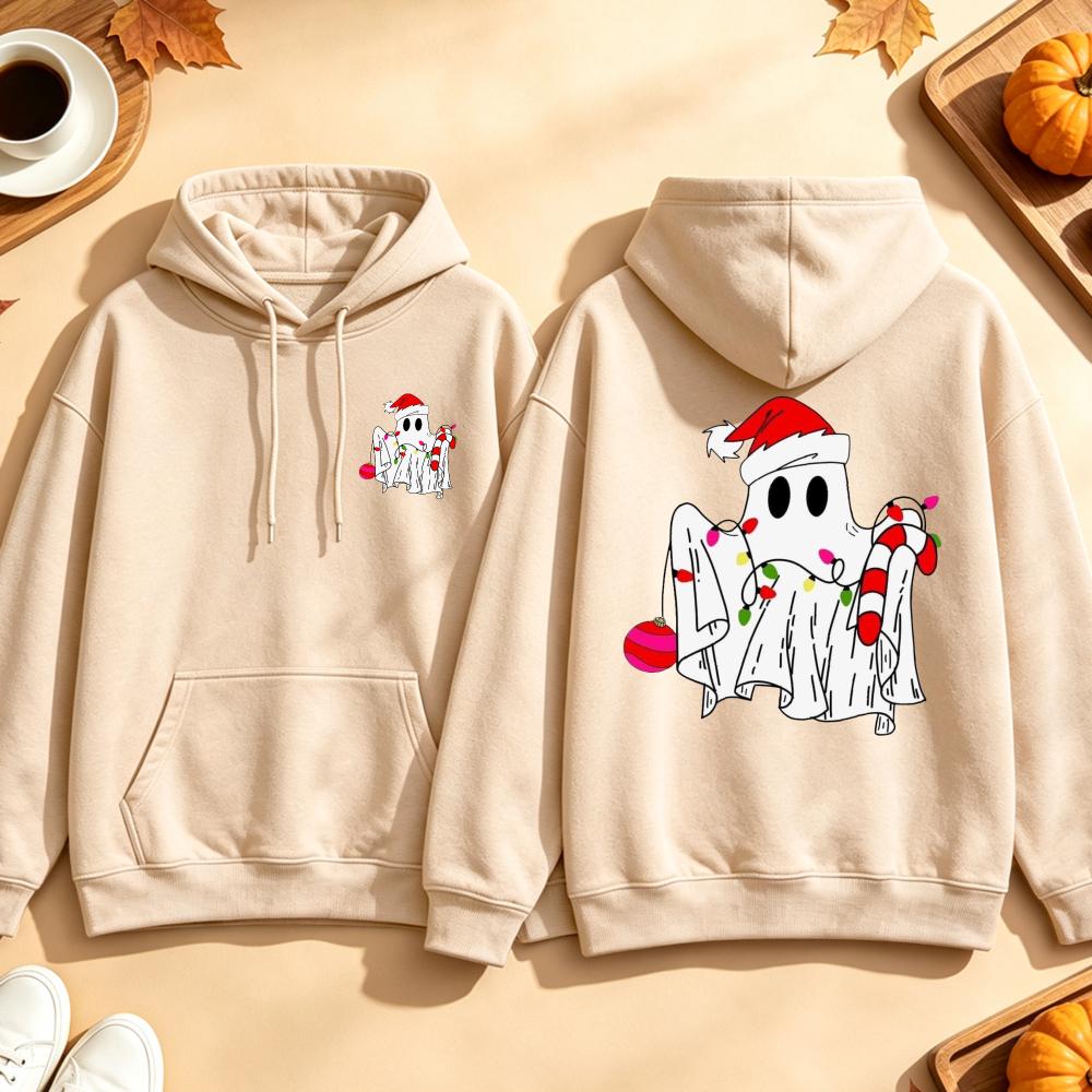 Funny Christmas Ghost Sweatshirt String Lights Candy Cane Graphic Long Sleeves Pullover Spooky Holiday Xmas Tops Women
