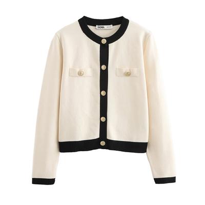 With Gold Button Traf Autumn/Winter Fashion Color Matching Short Crew-neck Women's Knitted Cardigan