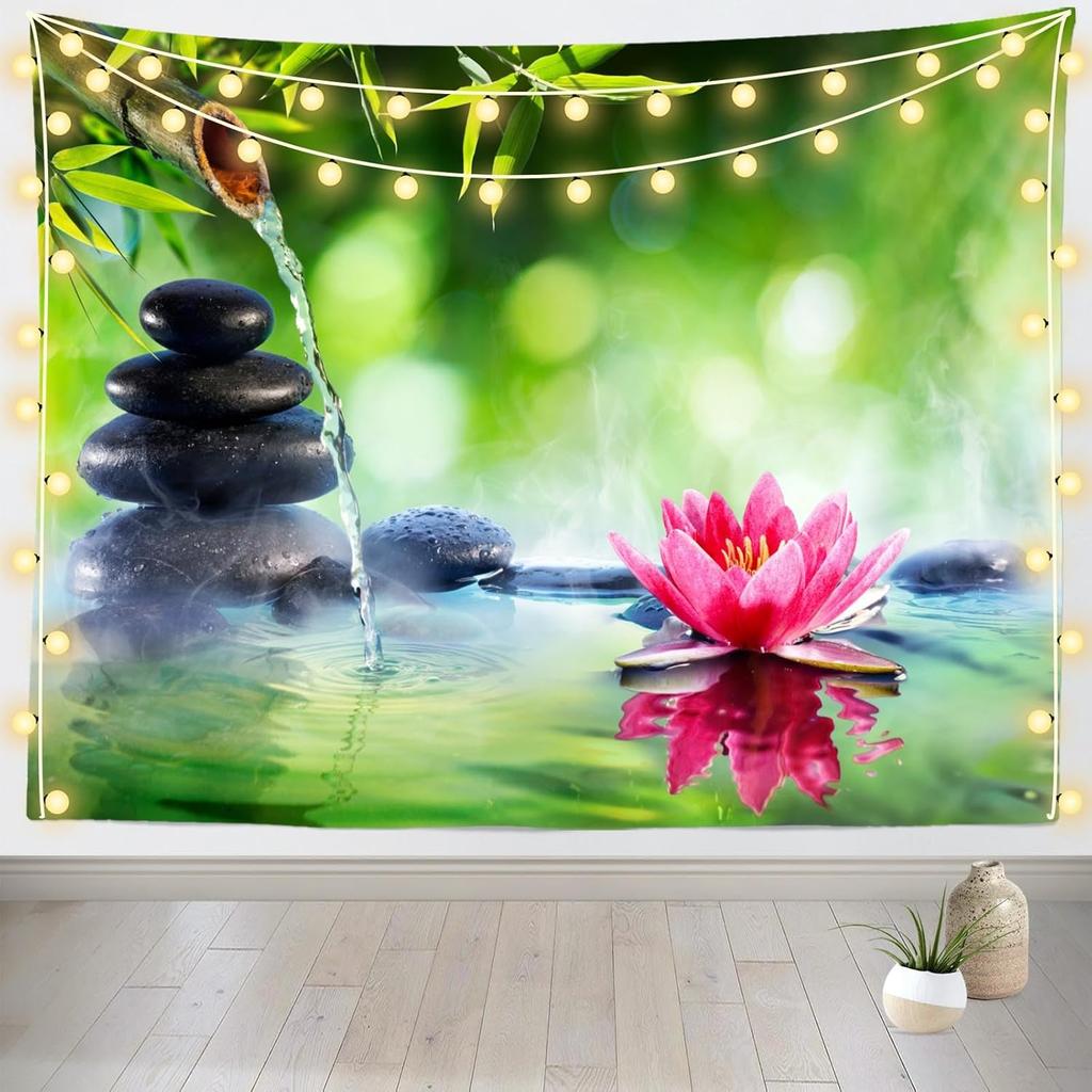 Arazzo Giardino Zen 60''x40'' Bambù Verde Pietre Zen Spa Fiore di Loto Acqua Appeso a Parete Arazzo Rilassamento Bambù Candele