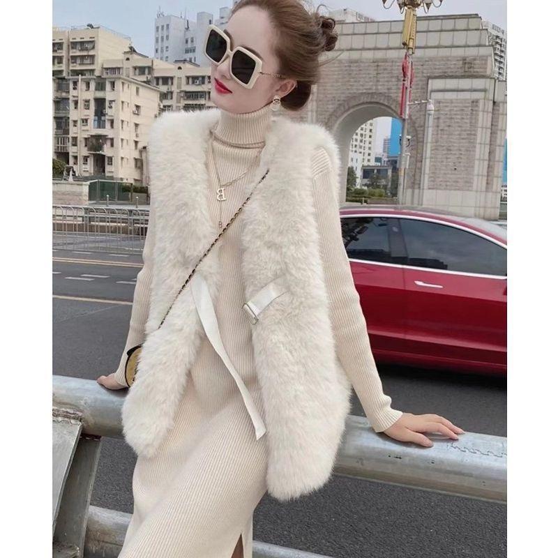 

Autumn and winter new long-haired vest femininity outer wear fur integrated imitation leather jacket loose cardigan vest L 110-125 білий