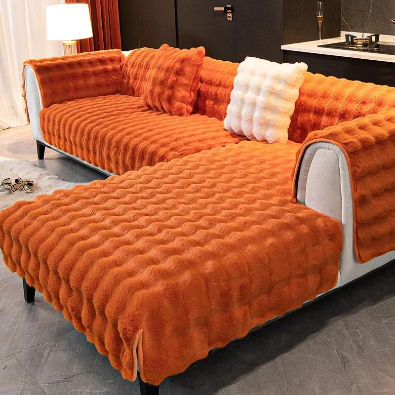 Hochwertiges Dichtes Weiches Plüsch Glattes Sofakissen Kalte Jahreszeit Weiches Plüsch Weiches Handtuch Anti-Rutsch Kunstleder L Sofa Dehnbare Abdeckung Bett Gemütliche Abdeckung 70x70cm 1pcs orange