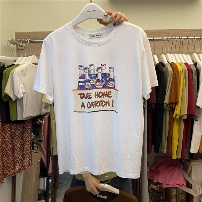 

(Гребенной чистый хлопок) Футболка женская летняя новая с принтом на спине с обработанным краем S-XXXL S