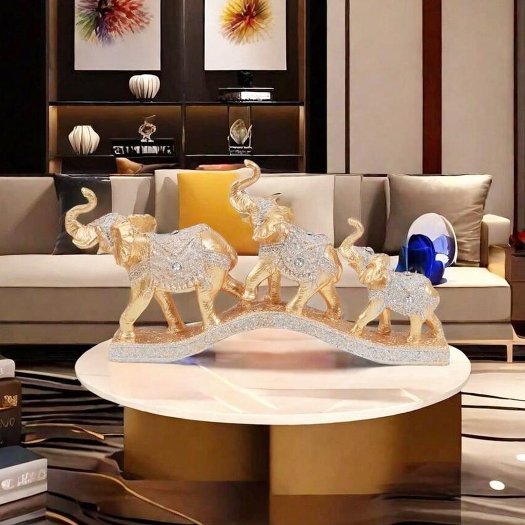 1Pc Resin Feng Shui Golden Three Elephant Decorative Ornaments, Elephant Collection Statues, Suitable for Home, Desktop Decoration Ornaments
