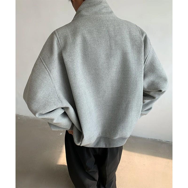 Mens Winter Boxy Cut Wool Blend Padded Jacket Slim-fit Curved Sleeve Thick Warm Coat