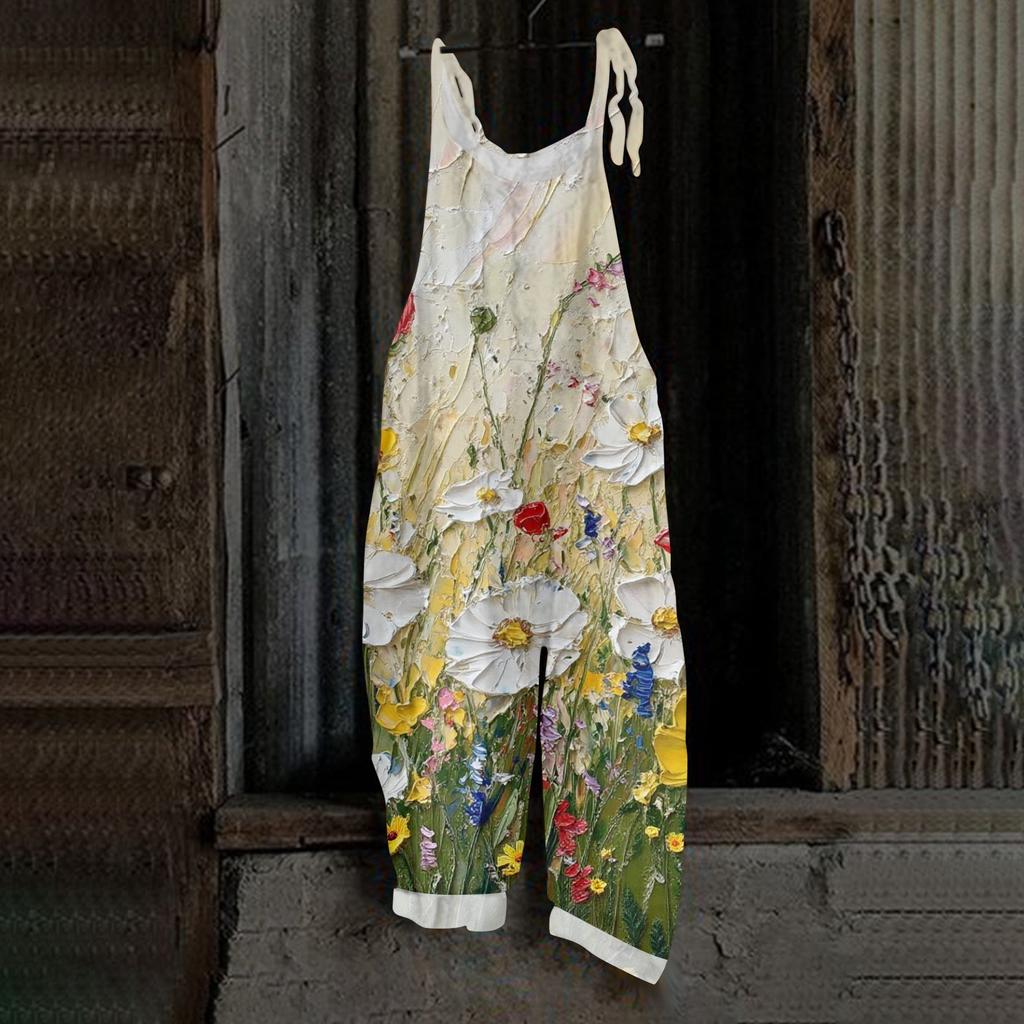 Mono de Mujer con Estampado de Mariposas, Casual Suelto y Retro con Tirantes, Algodón y Lino