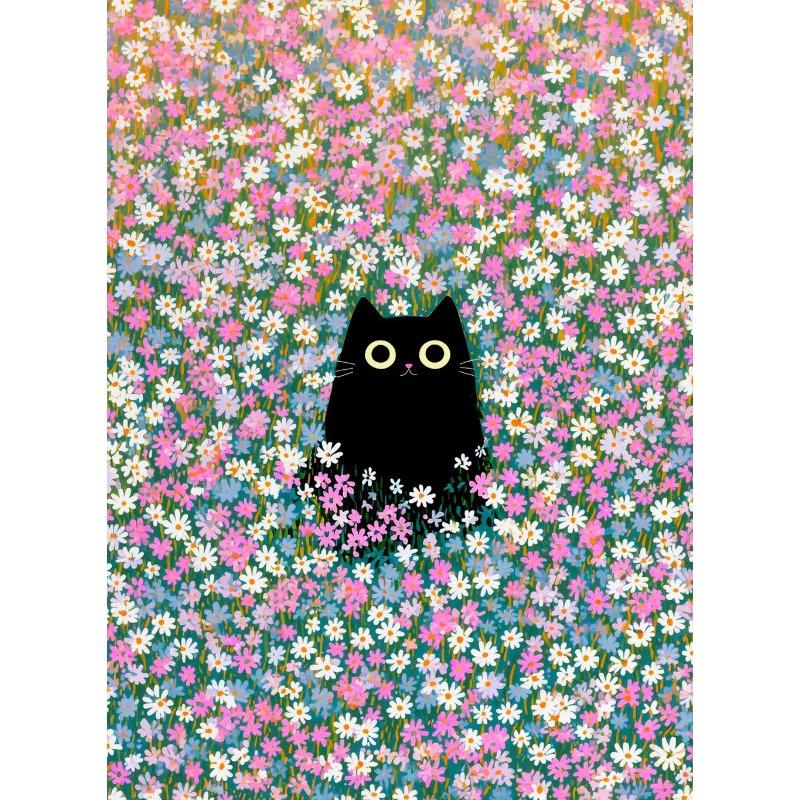 Vintage Klimt Inspired Black Cat Colorful Field of Flowers Illustration Poster Canvas Wall Art Pictures Home Decor