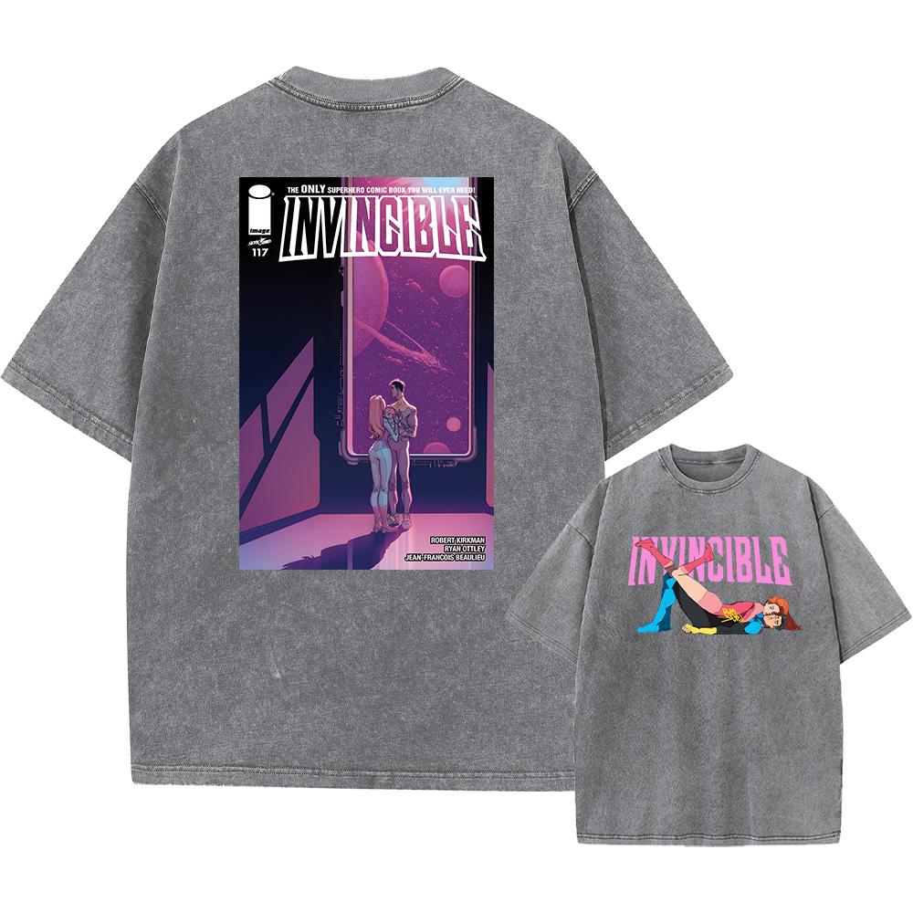 Anime Invincible Washed Tshirts Men Vintage Wash T Shirt Harajuku Oversize Cotton Tee Cotton Fashion Streetwear Top