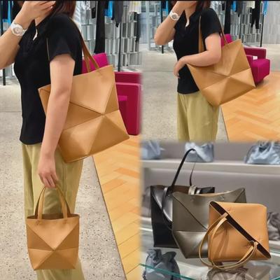 2024 New Geometric Cowhide Foldable Tote Bag - Large Capacity, Portable, Bucket Style
